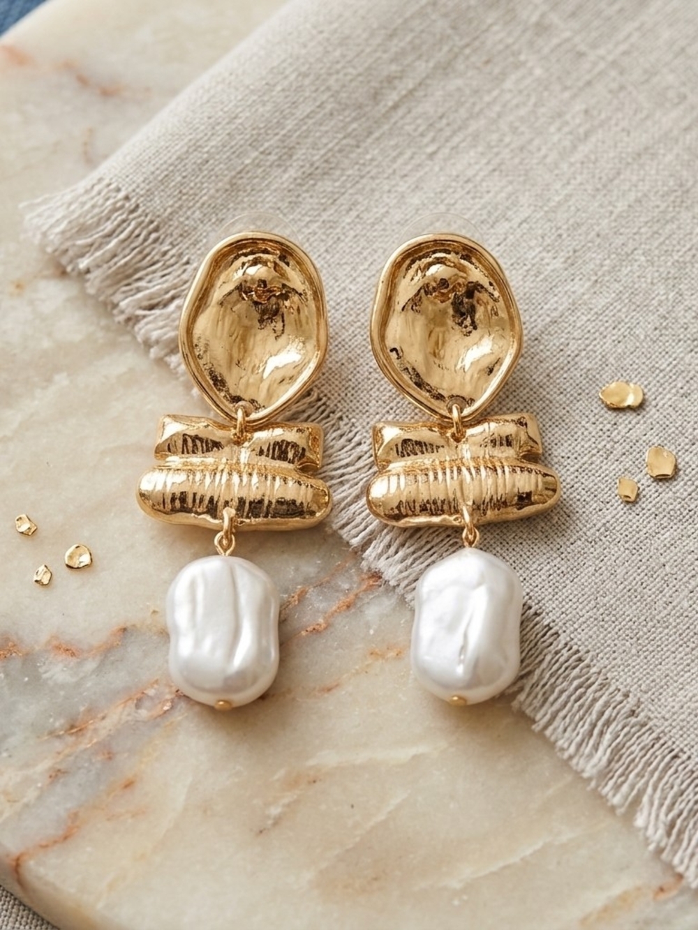 Gold Baroque Pearl Drop Earrings - Women Jewelry